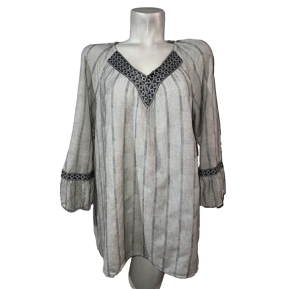 J. Jill Womens Large Black Ivory Striped Embroidered V-Neck Bell Sleeve Tunic